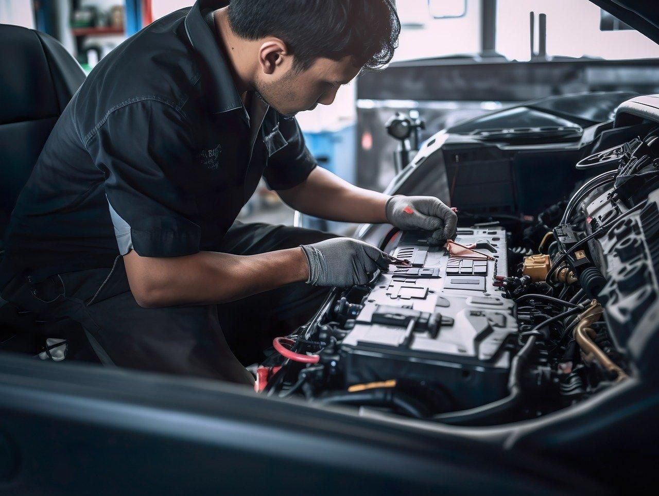 Mechanic wearing gloves inspects a car engine in a workshop with the hood open