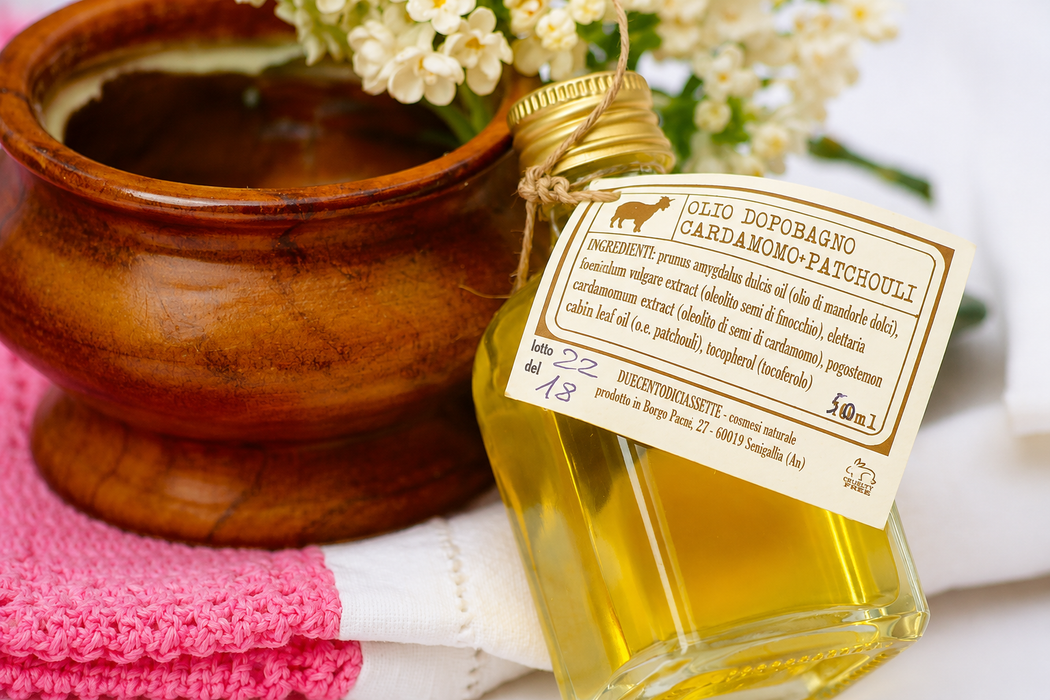 Una bottiglia di olio da spa accanto a una ciotola di legno, un asciugamano rosa e fiori bianchi.