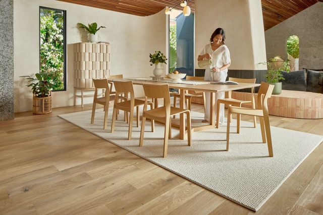 Dining room with table, chairs, rug, cabinet, plants, and person.