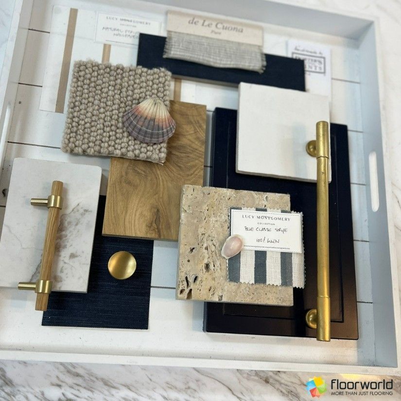 A Tray Filled With Different Types of Flooring and a Sign That Says Floorworld — Hoppens Floorworld in Manunda, QLD