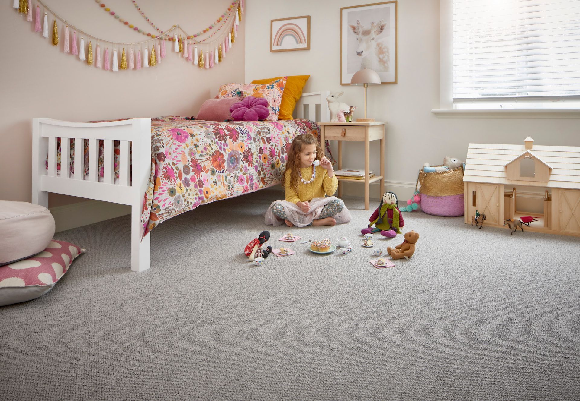 Girl Playing With Toys in a Bright Bedroom in a Light Gray Carpet — Hoppens Floorworld in Clifton Beach, QLD