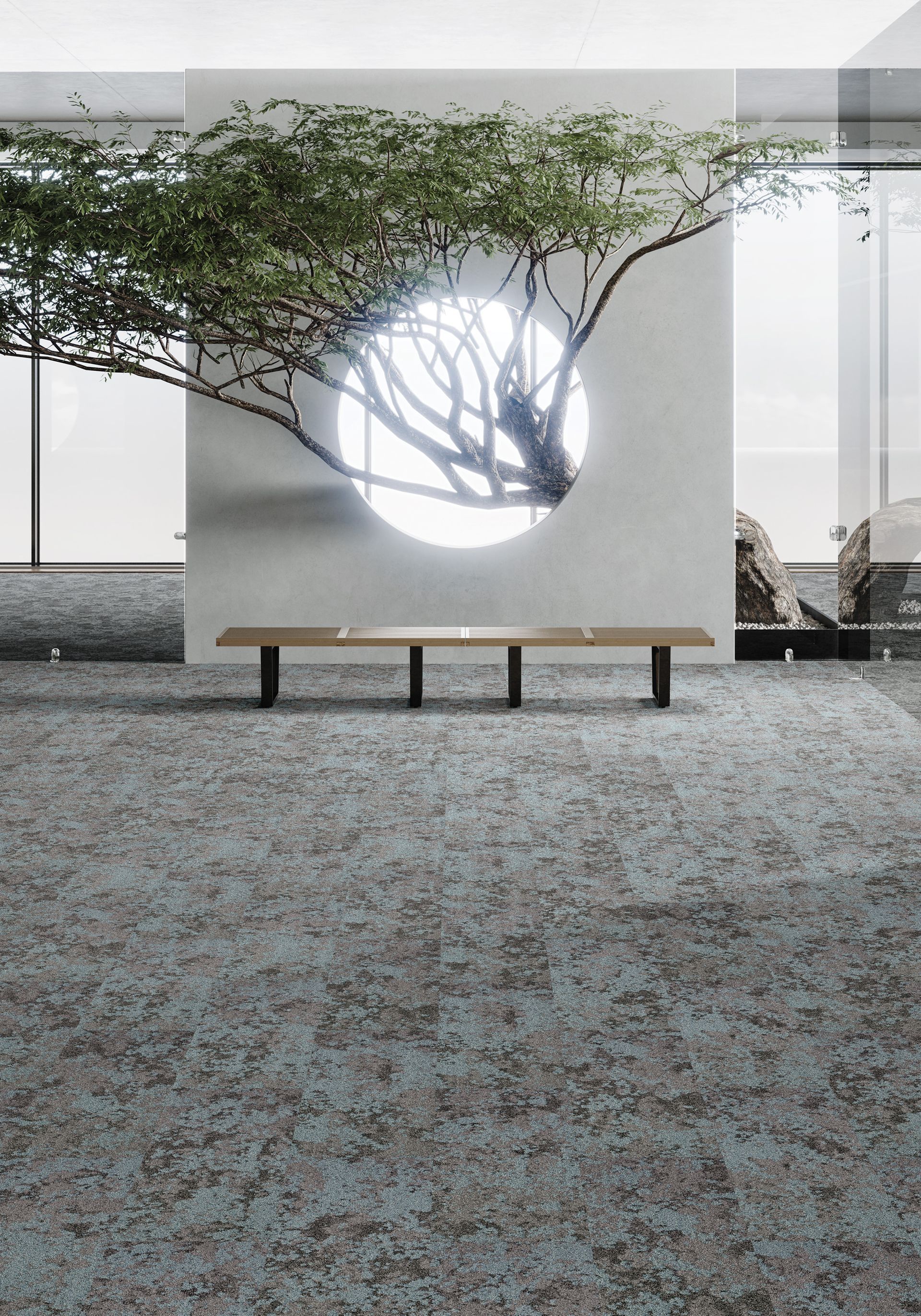 Zen Garden With Tree Growing Through a Circular Opening in a Wall, Bench in Front — Hoppens Floorworld in Mooroobool, QLD