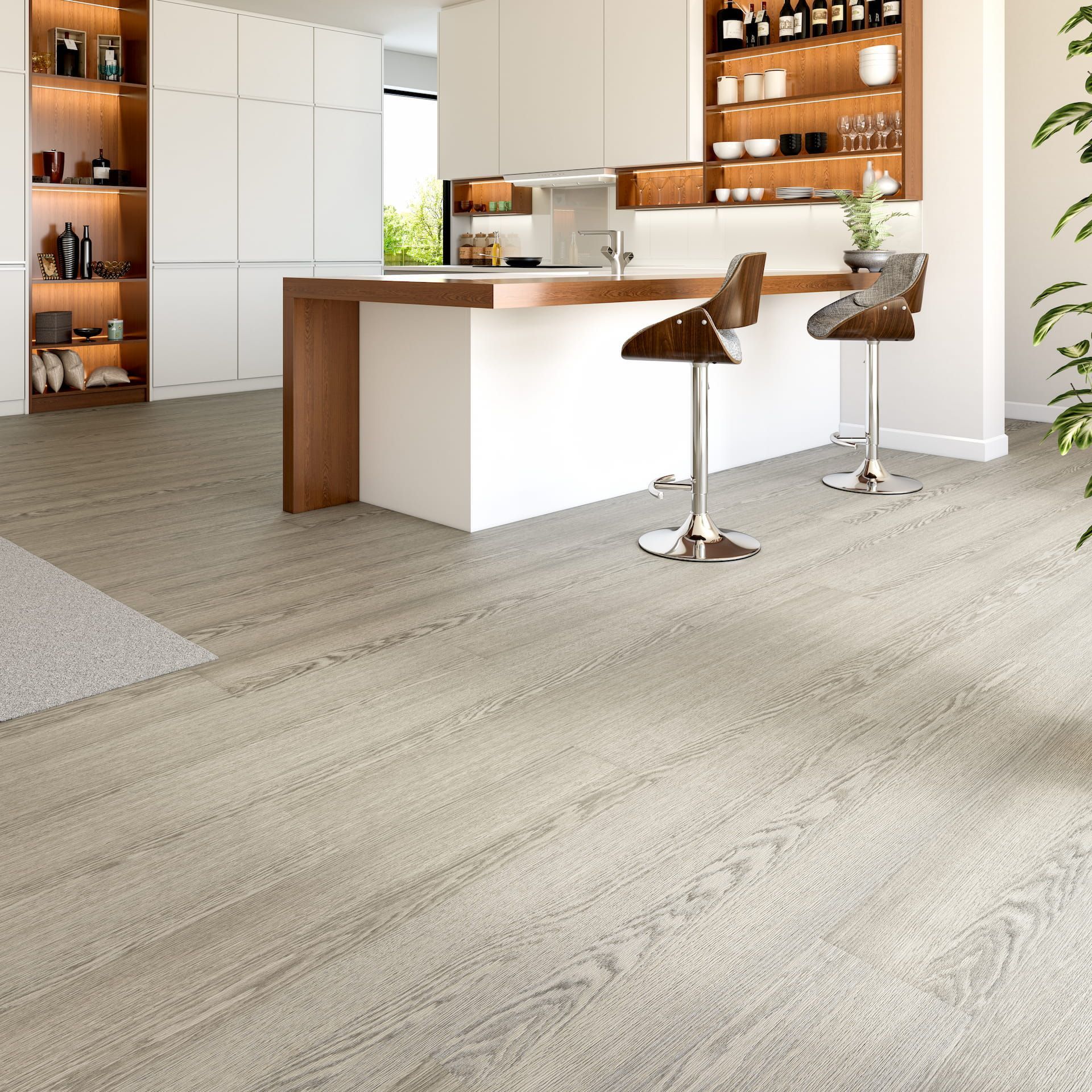 Modern Kitchen With Light Wood Flooring, Cabinets, and a Bar With Stools — Hoppens Floorworld in Clifton Beach, QLD
