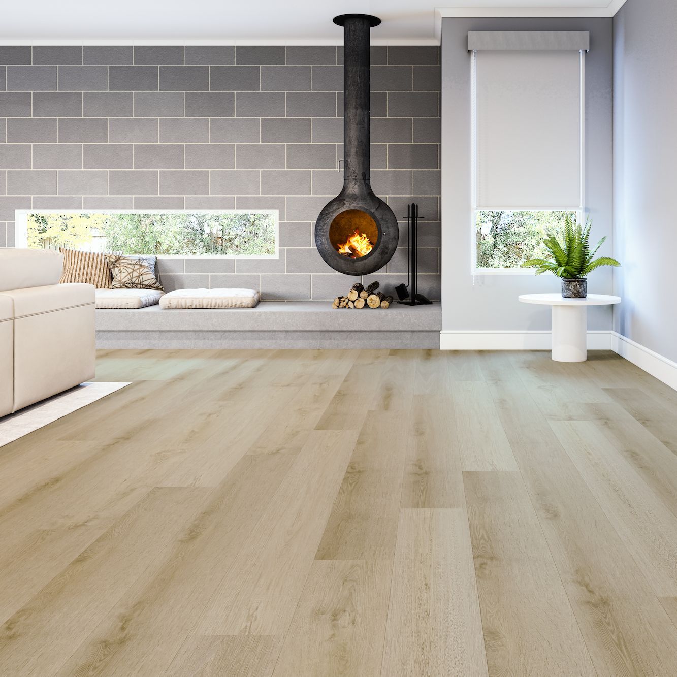 Modern Living Room With a Fireplace, Window, and Wood-look Flooring — Hoppens Floorworld in Atherton, QLD