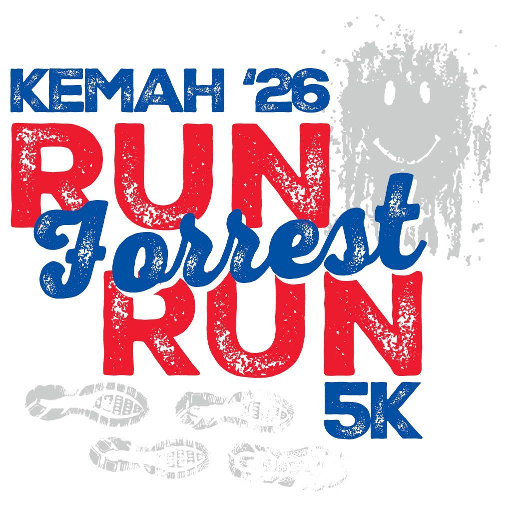 KEMAH ’25 RUN Forest RUN 5K event logo in red, blue, and gray.