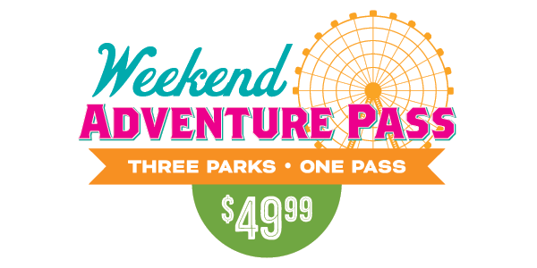 Pass for three parks $49.99. Turquoise and pink text with orange banner, green circle. Ferris wheel.