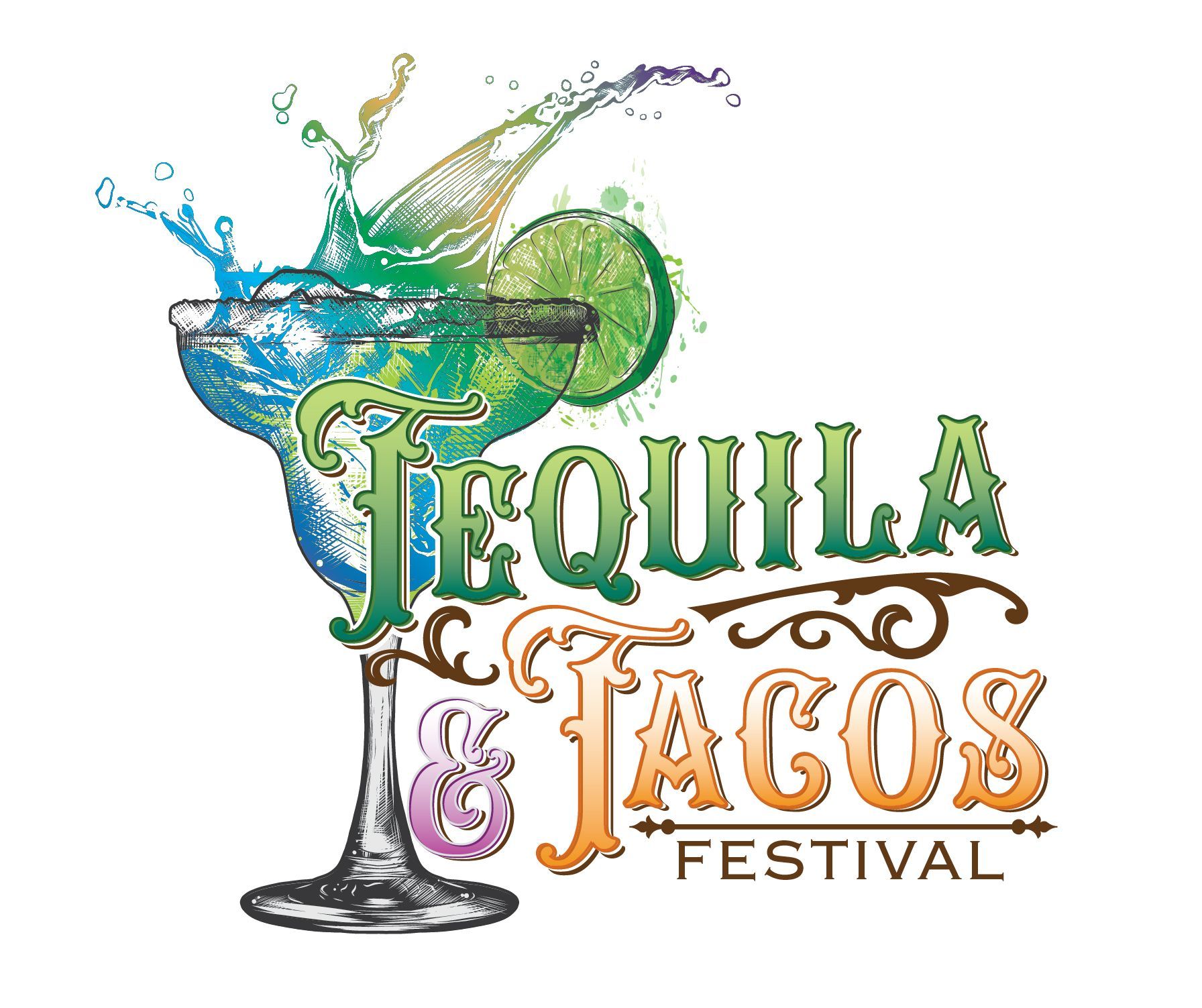 Tequila and Tacos Festival logo with green, orange, and purple cocktail splash design