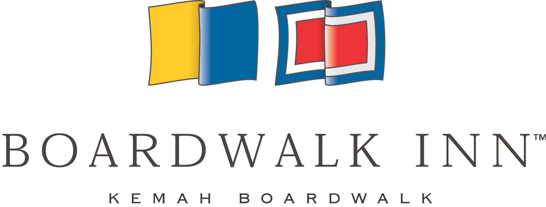 A logo for the boardwalk inn with flags on it