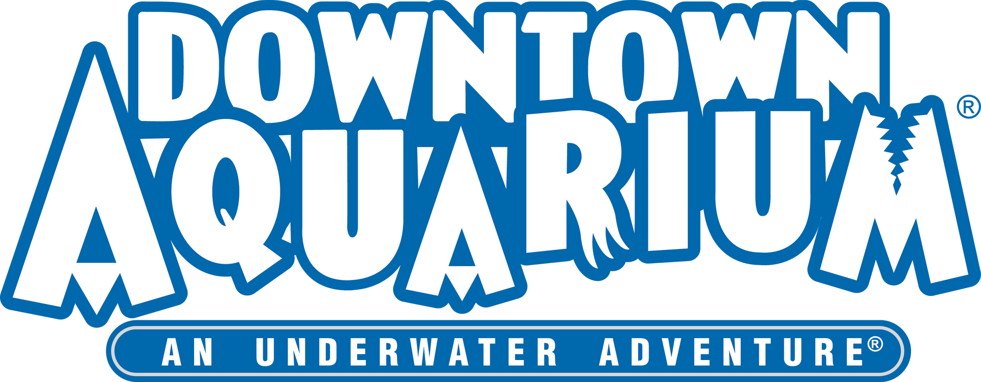 Downtown Aquarium logo with blue text on a white background. It says “Downtown Aquarium” and “An Underwater Adventure.”