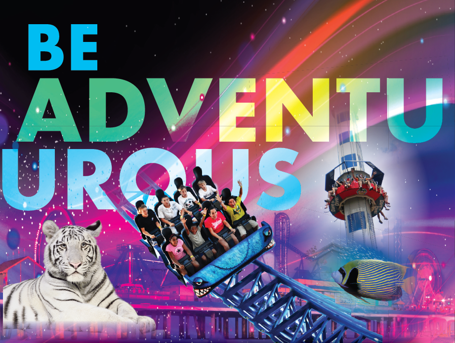 Theme park advertisement: Roller coaster, tiger, and drop tower with 