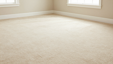 Empty beige carpeted room with two windows and light walls