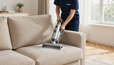 Person vacuuming a beige couch in a bright living room