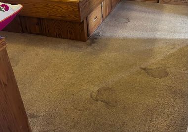 Brown carpet with dark wet stains beside a wooden bed frame and dresser.