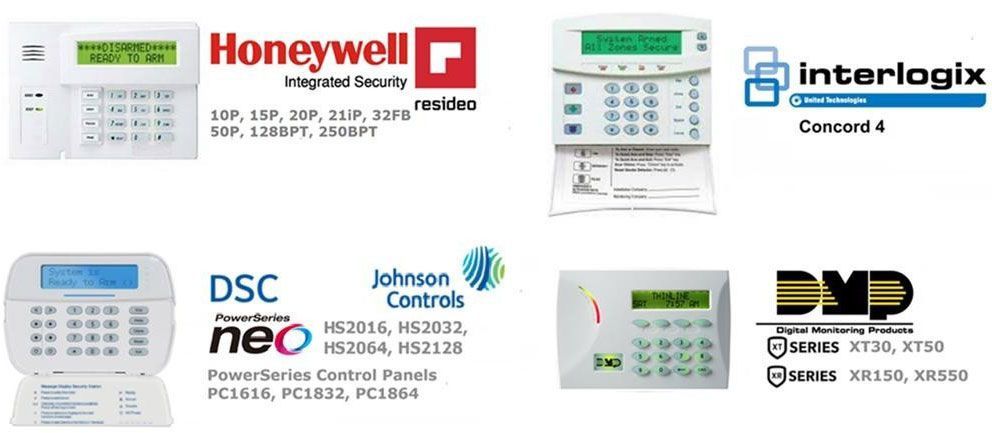 Collage of security alarm system keypads and logos: Honeywell, Interlogix, DSC, and DMP.