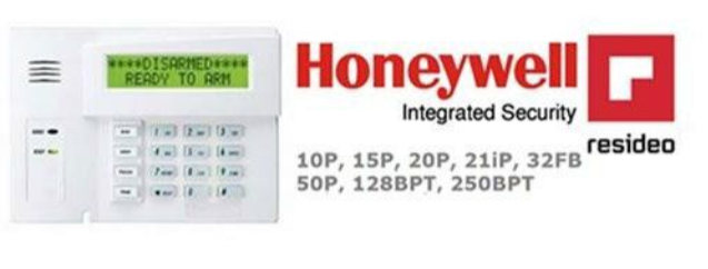 Honeywell Resideo alarm keypad, white with green display and red logo, on a promotional banner