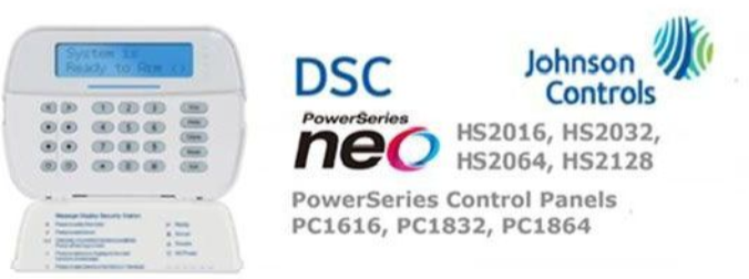 DSC PowerSeries Neo alarm keypad with module compatibility logos and Johnson Controls branding