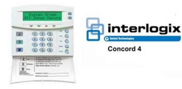 Interlogix Concord 4 security alarm keypad with display and buttons, shown beside the Interlogix logo