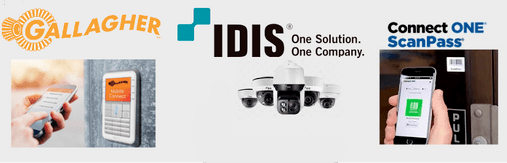 Logos of Gallagher, IDIS and Connect ONE ScanPass, access control and security solutions.