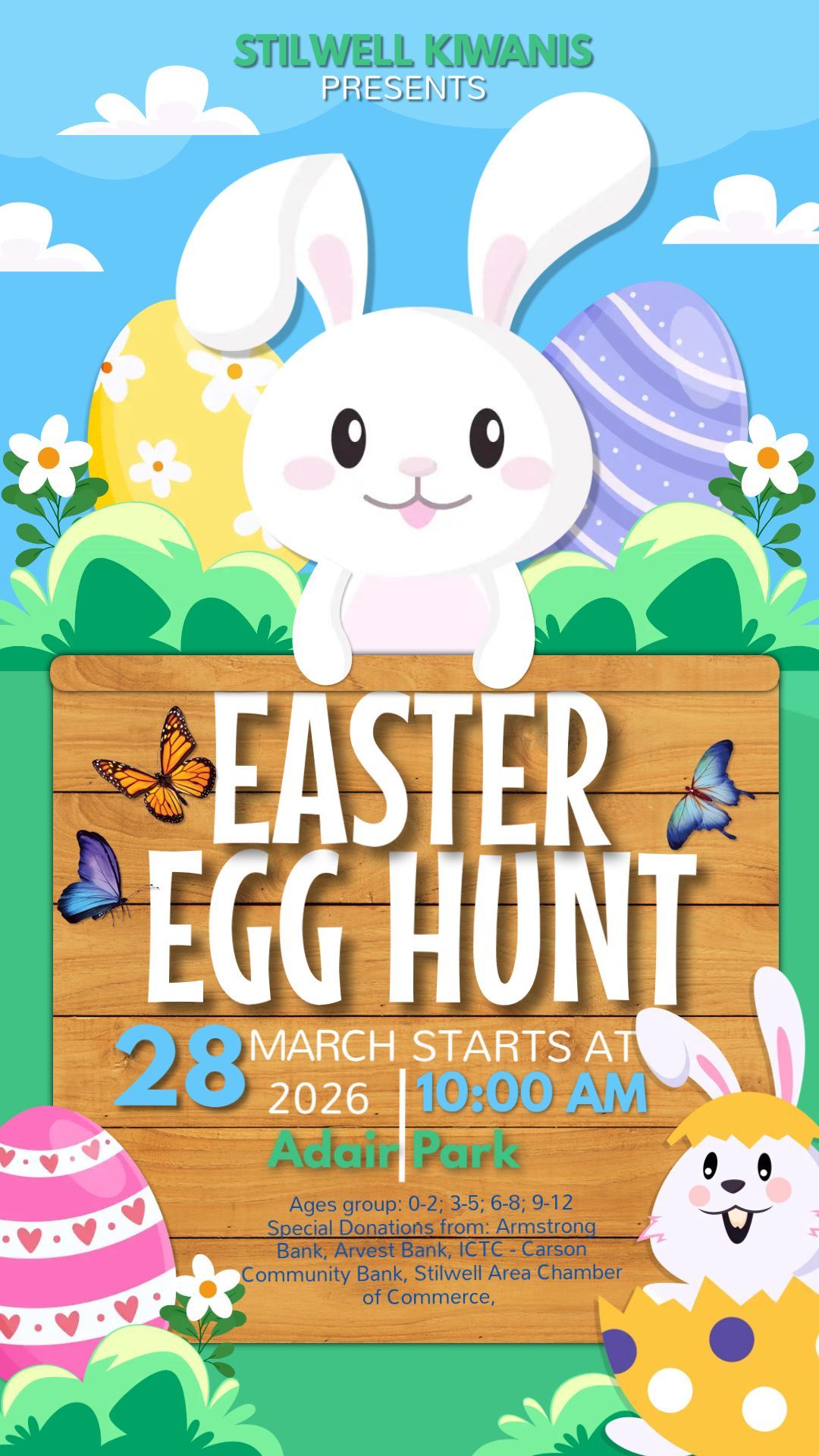 A poster for an easter egg hunt with a bunny and eggs .