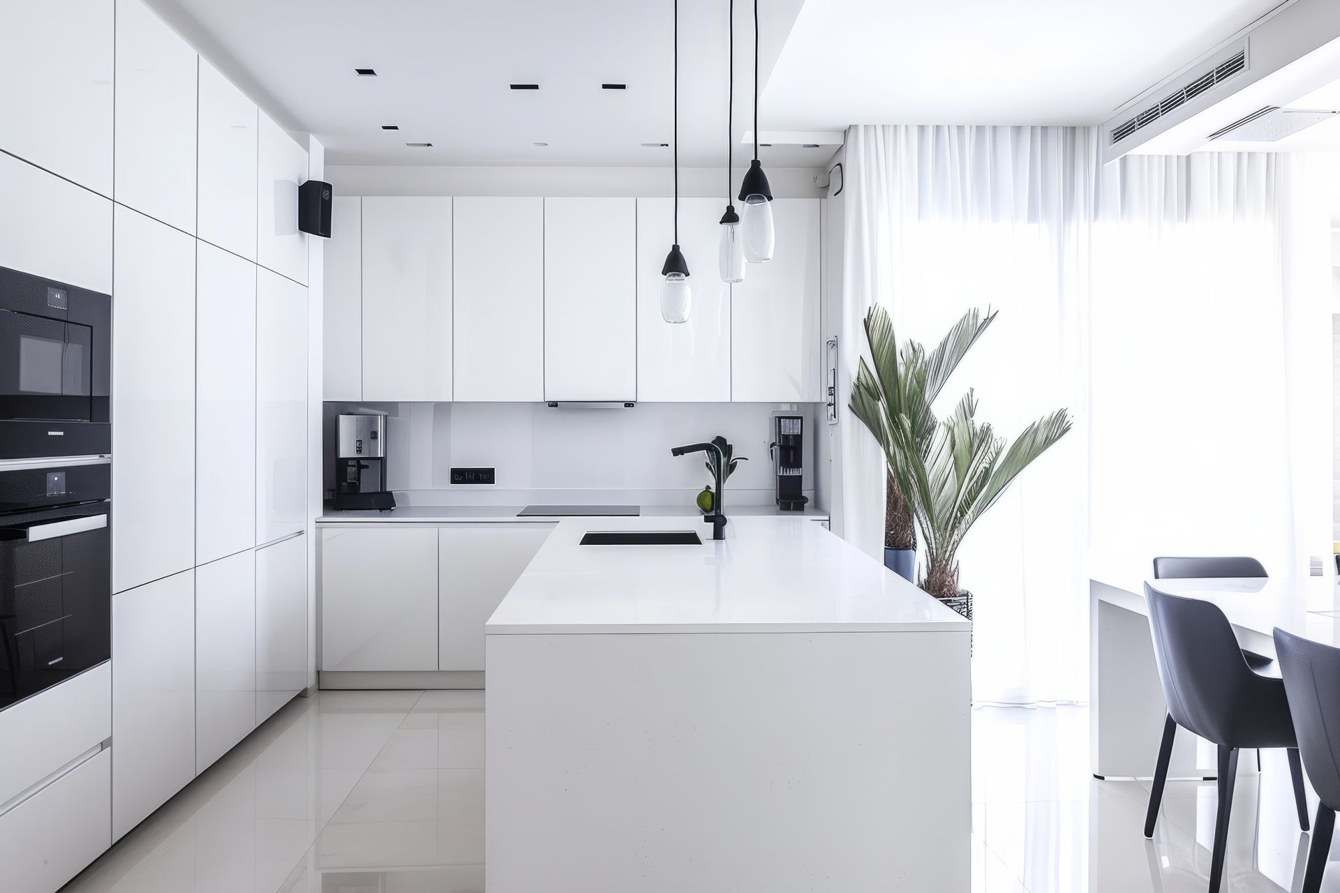 Cosy modern open bright kitchen home interior.