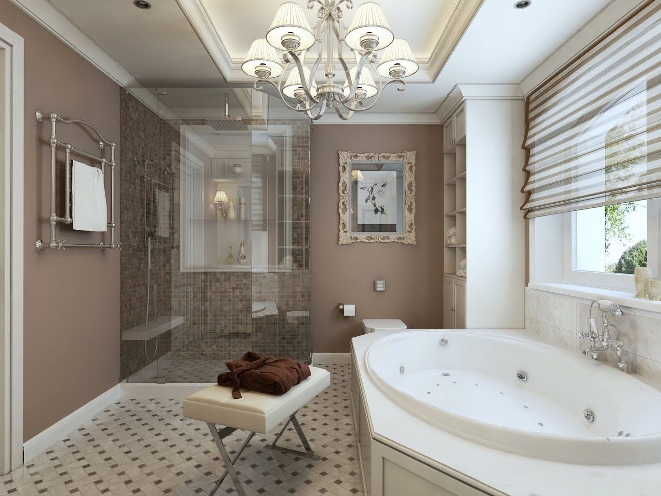 A bathroom with a jacuzzi tub and a chandelier.