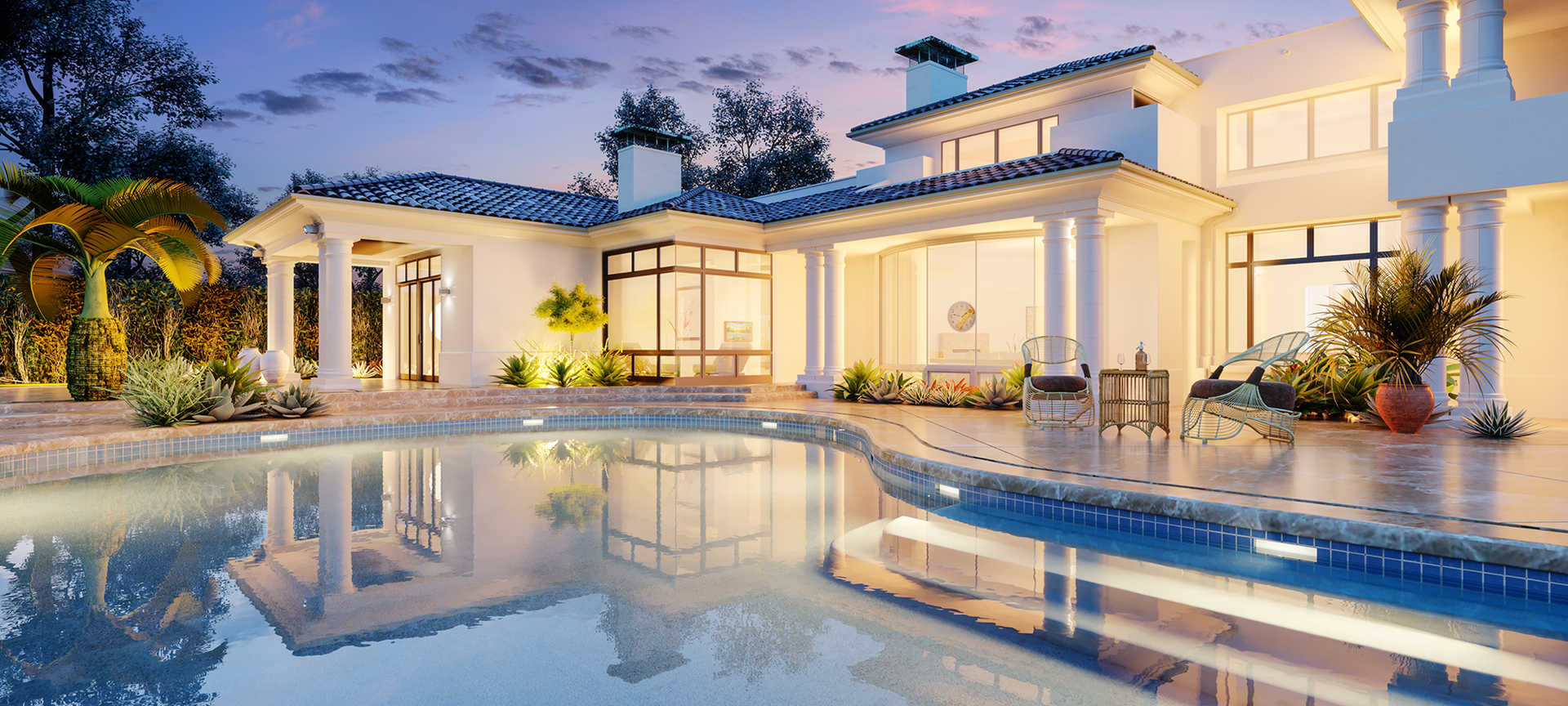 A large white house with a large swimming pool in front of it.