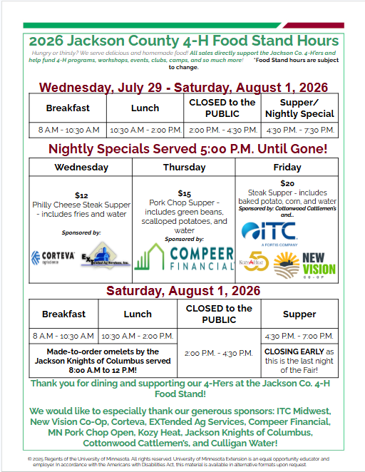 2025 Jackson County 4-H Food Stand hours and nightly dinner menu for July 30 through August 2, with a QR code link.
