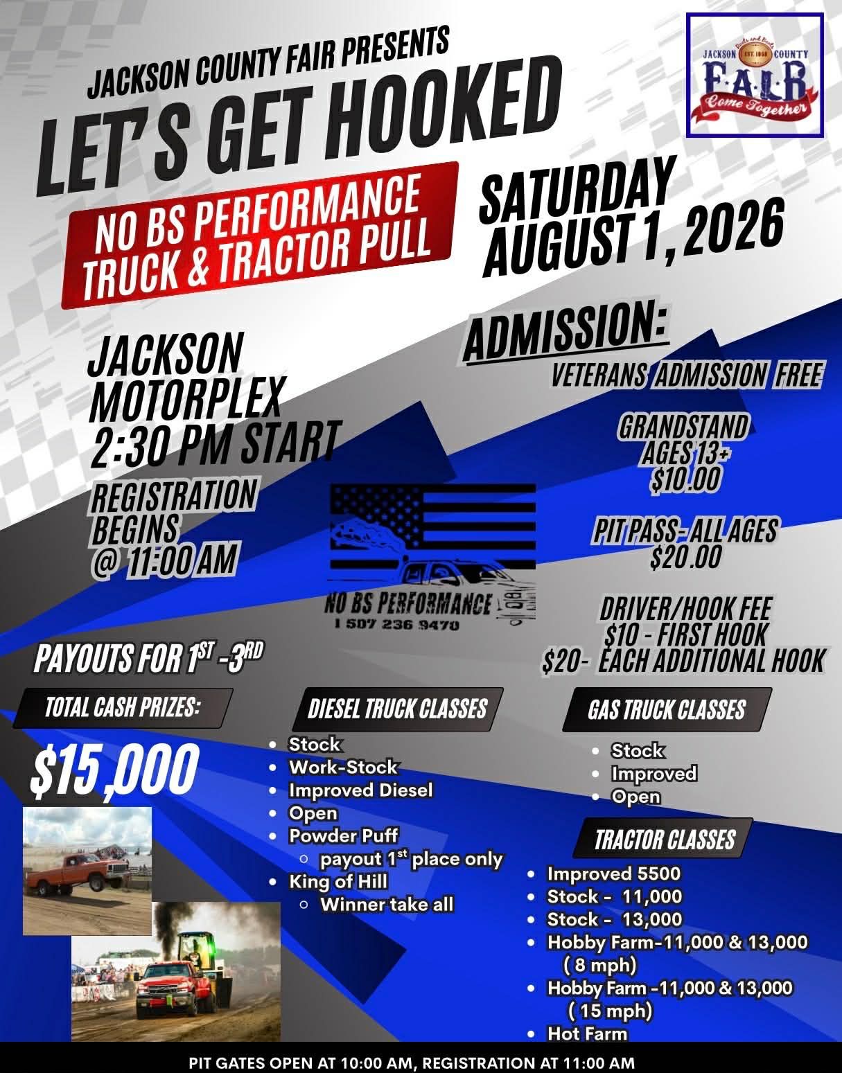 Event flyer for the Jackson Co Fair Truck & Tractor Pull on August 1, 2025, at Jackson Motorplex, featuring payout info.