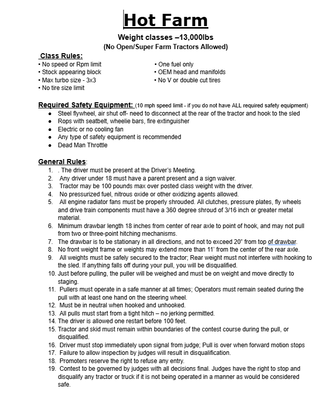 A printed document titled 'Hot Farm' detailing weight classes, registration requirements, and general rules for a pull event.