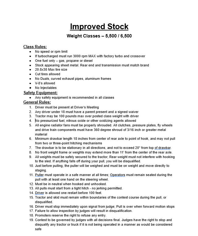 A document titled 'Improved Stock' detailing weight classes, safety equipment, and 20 numbered general rules for a competition.