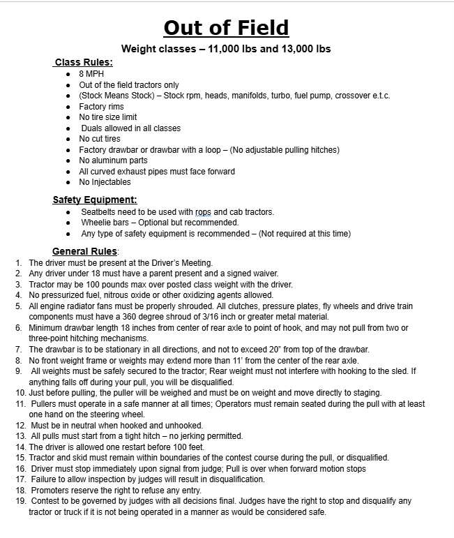 A printed document titled 'Steck (Out of Field)' listing rules and requirements for a competition or activity.