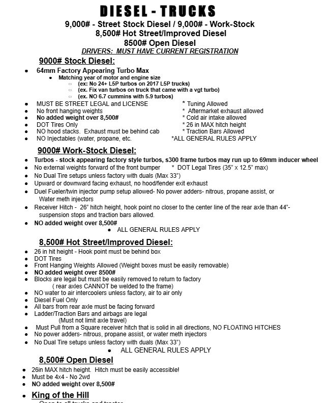 A printed document titled 'Hot Farm' detailing weight classes, registration requirements, and general rules for a pull event.