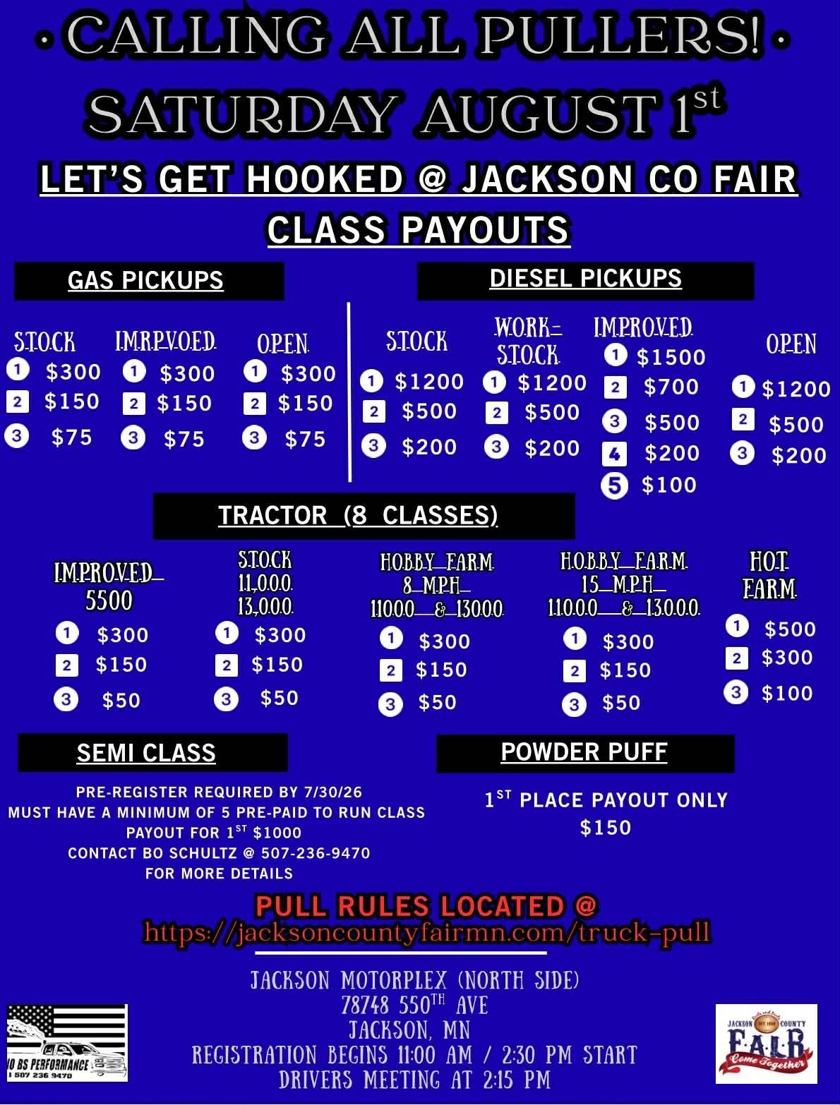 Event flyer for the Jackson Co Fair Truck & Tractor Pull on August 1, 2025, at Jackson Motorplex, featuring payout info.