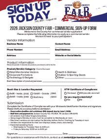 2026 Jackson County Fair commercial vendor sign-up form with fields for contact info, product details, and event logistics.