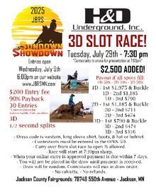 Event flyer for the 2025 H&D Underground 3D Slot Race at Jackson County Fairgrounds on July 29th, 7:30 pm.