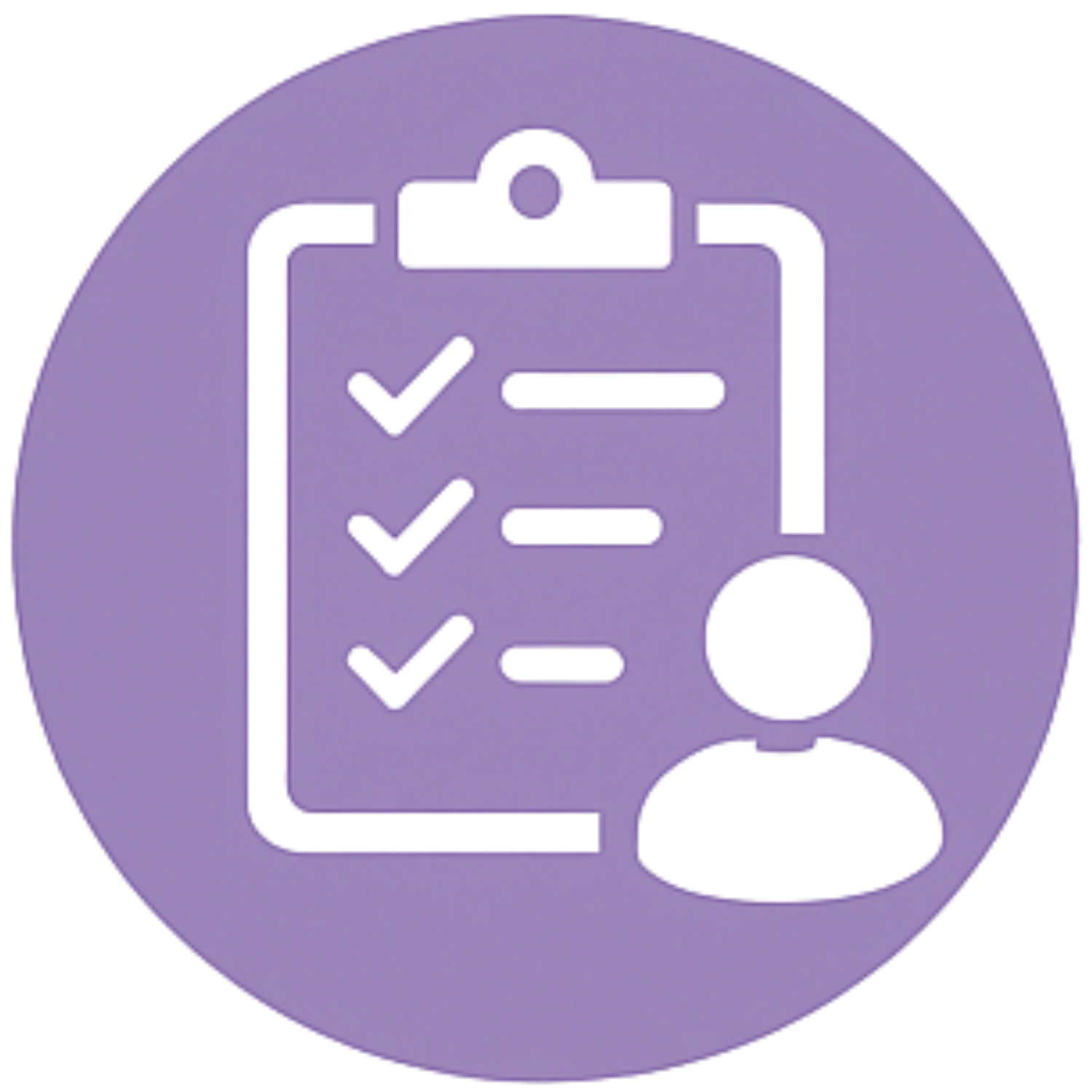 White checklist clipboard with user silhouette on a purple circular background