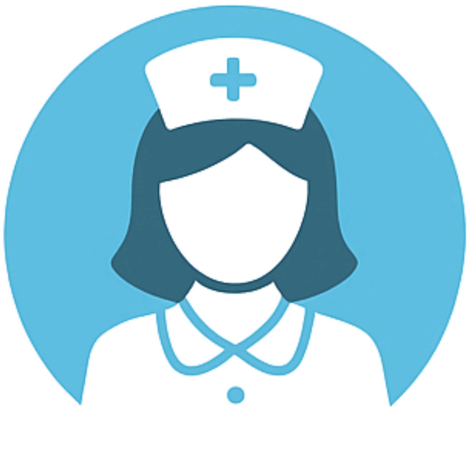 Nurse icon in blue circle with white cap and cross, stylized female figure