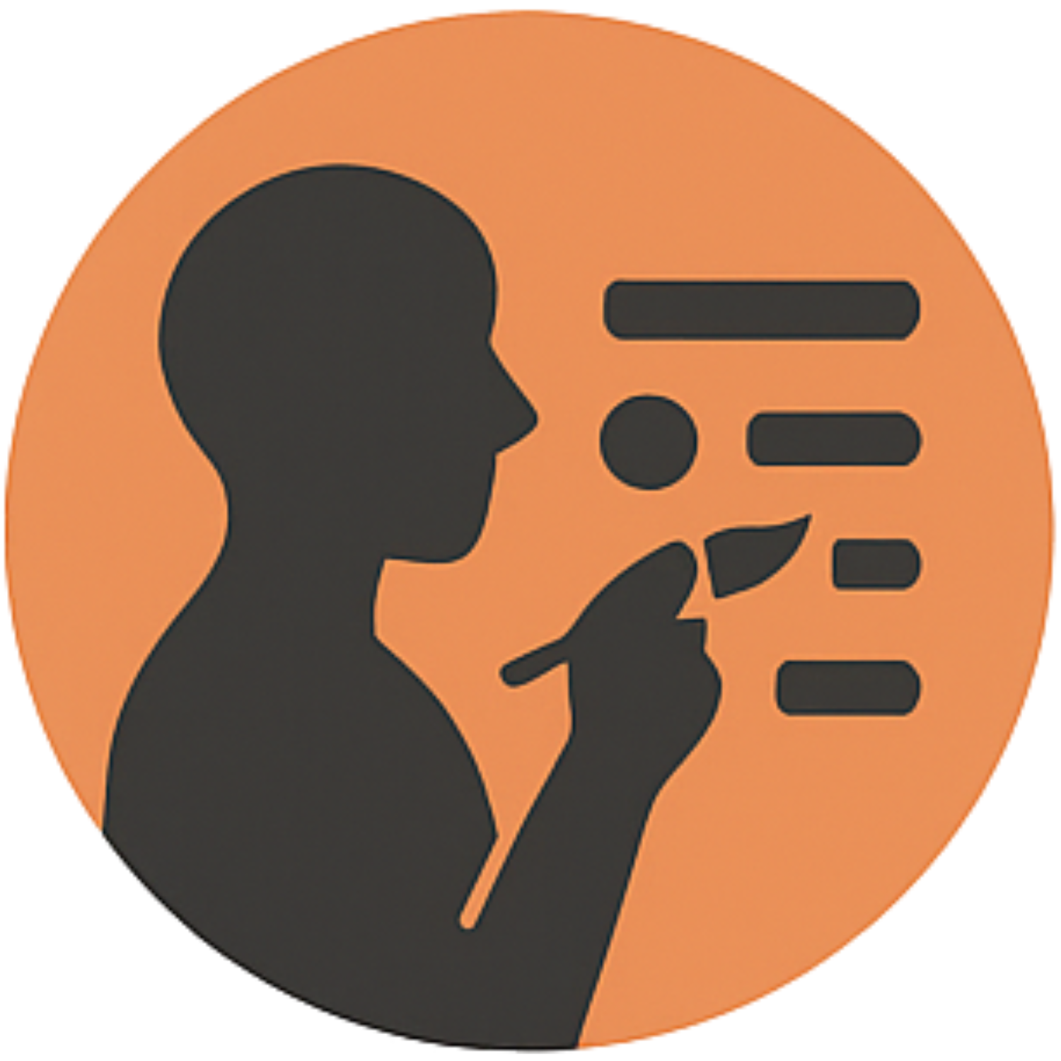 Dark silhouette speaking into a microphone inside an orange circle, with lines suggesting audio or subtitles.