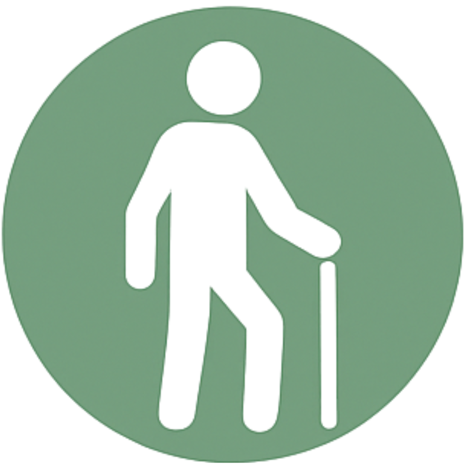 White walking person with cane icon on green circle background