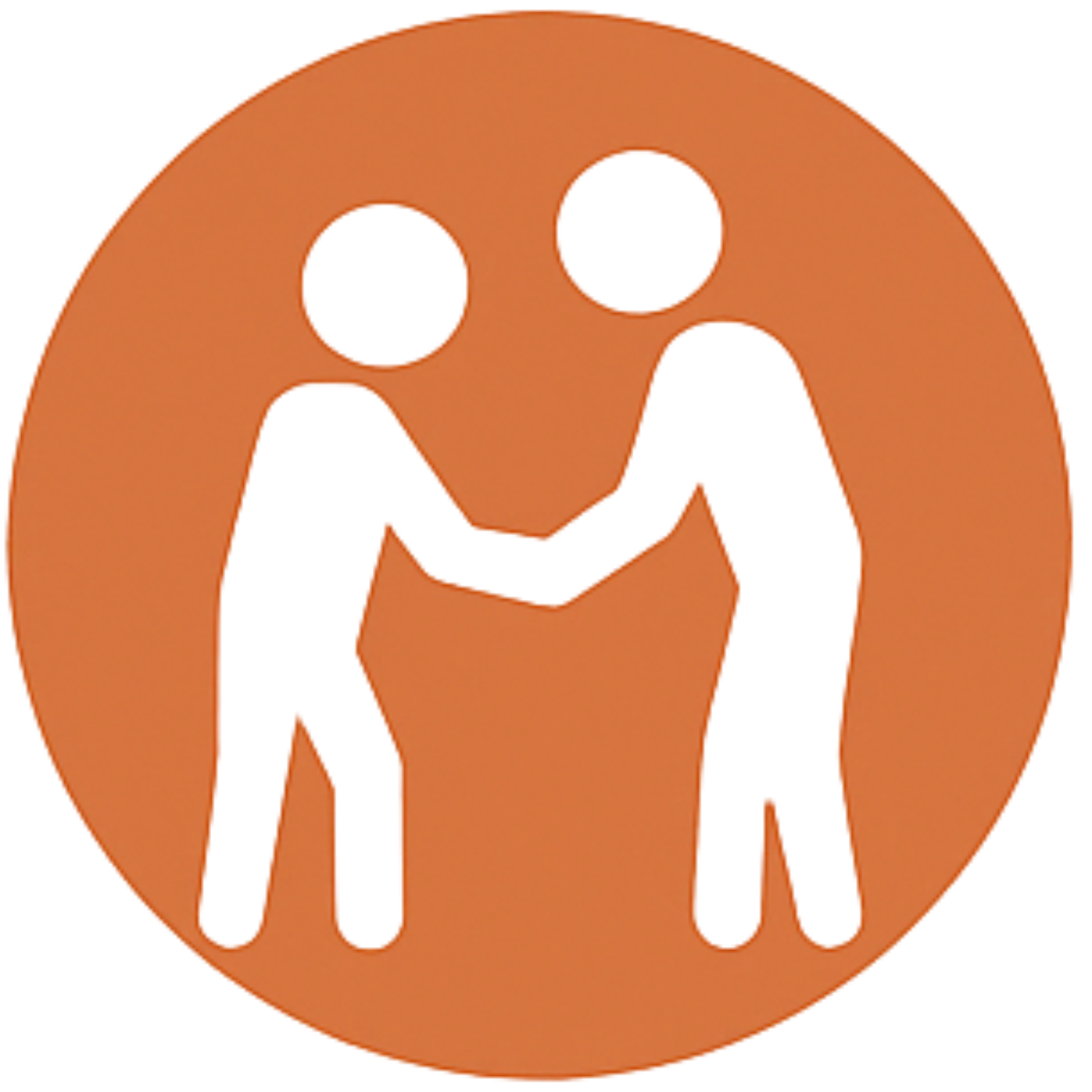 Two white figures shaking hands inside an orange circle icon