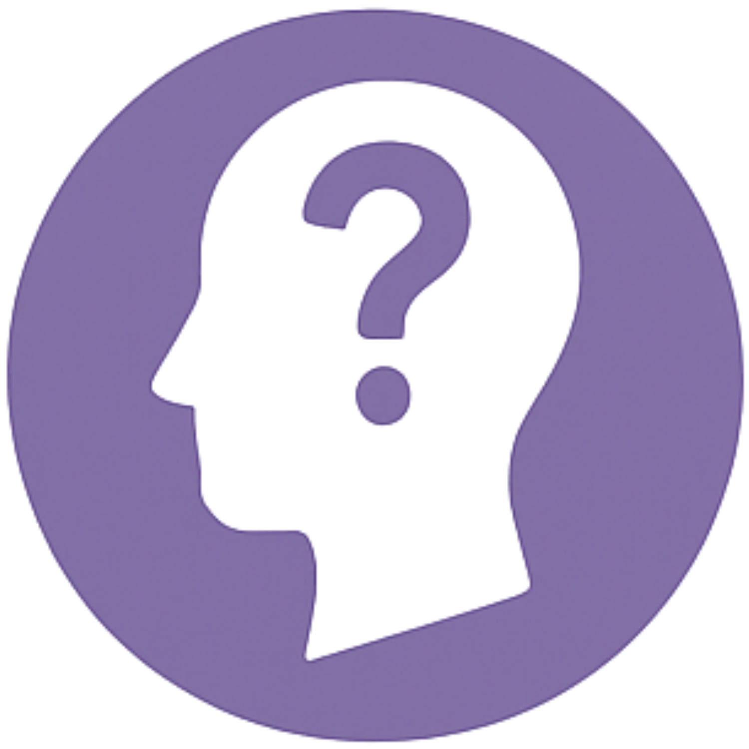 Purple circle with white head silhouette and question mark inside