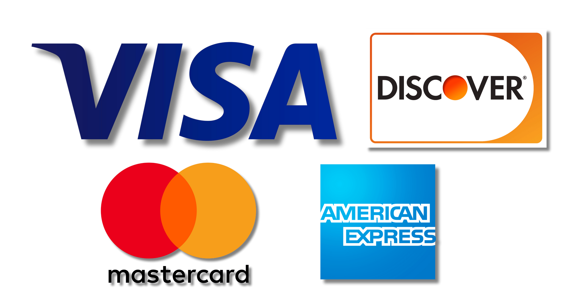 Visa, Mastercard, Discover, and American Express credit card logos on a white background