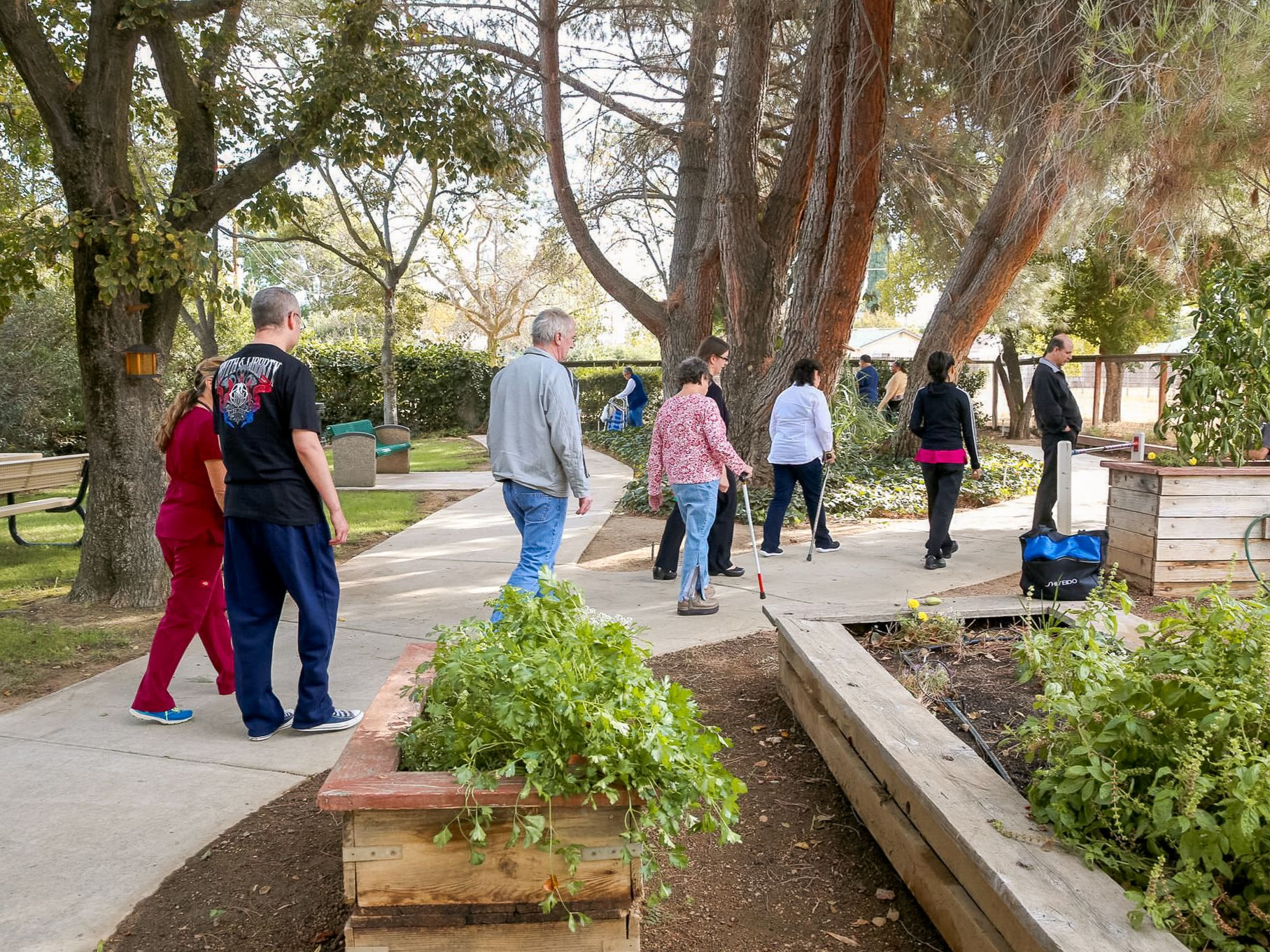 People walking along a park path among trees and benches, some carrying bags and umbrellas.