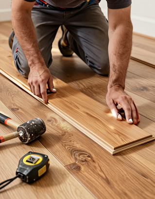 Technician fitting a hardwood plank
