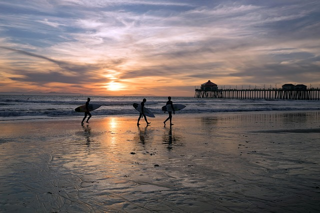 Surfers on Huntington Beach