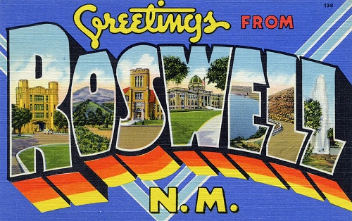 A postcard that says Greetings from Roswell, New Mexico
