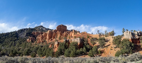 A mountain covered in trees and grass with a blue sky in the background in Dixie National Forest