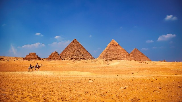 A group of camels are riding in front of the pyramids in the desert.