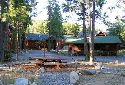 A picnic table in front of a cabin in the woods at Evergreen Lodge At Yosemite