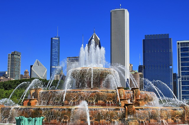 A fountain in front of the chicago skyline with buildings in the background.